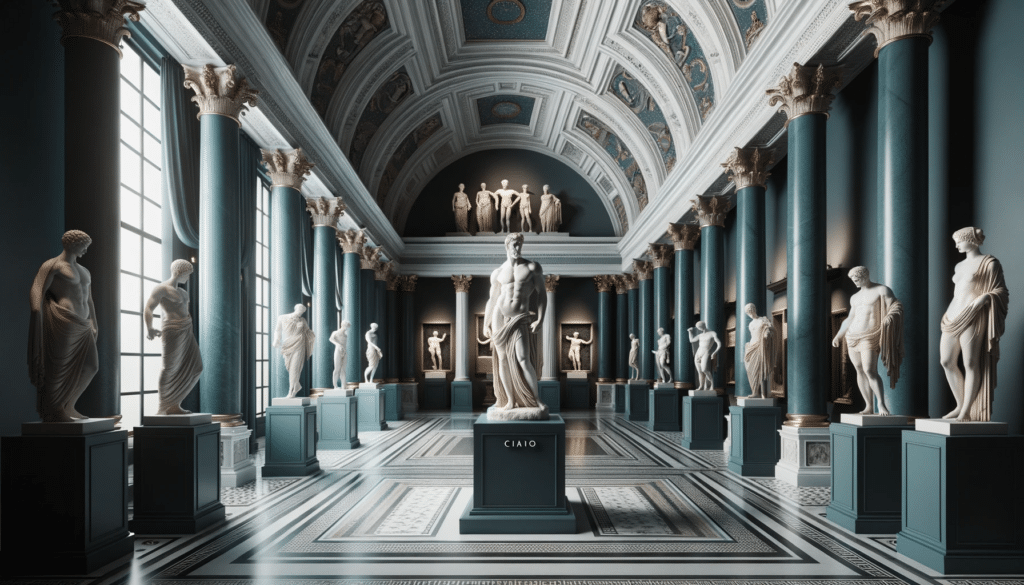 DALL·E 2023 10 17 16.10.20 Professional photo of an opulent museum interior dominated by ciano RGB 195781 or HEDX 133951. The gallery displays three Greek statues each repre