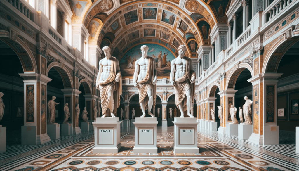 DALL·E 2023 10 17 16.10.27 Professional photo of a lavish museum hall bathed in ciano RGB 195781 or HEDX 133951 tones. Three prominent Greek statues stand on pedestals each
