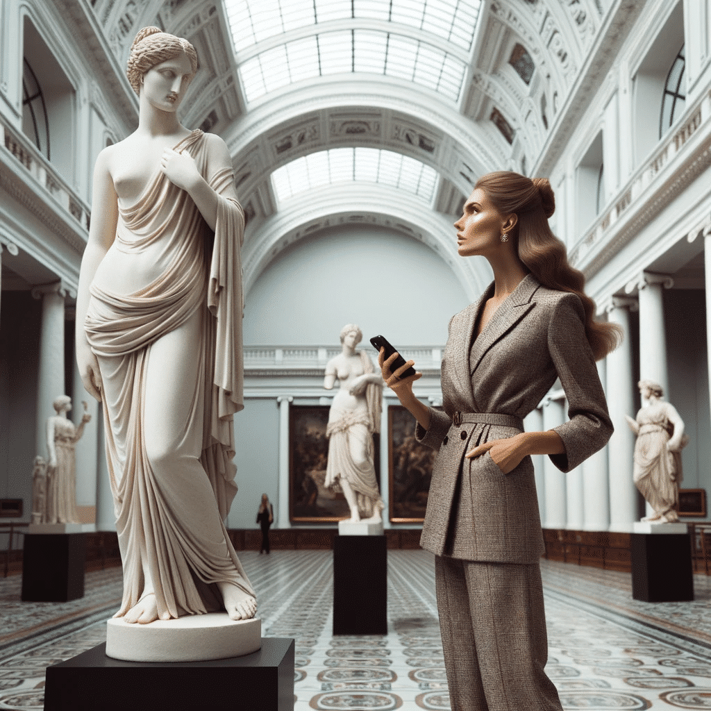 DALL·E 2023 10 17 16.22.25 Photo of a museum hall where an elegant slender woman in sophisticated attire stands in awe of the statue of Venus exploring the nuances of beauty