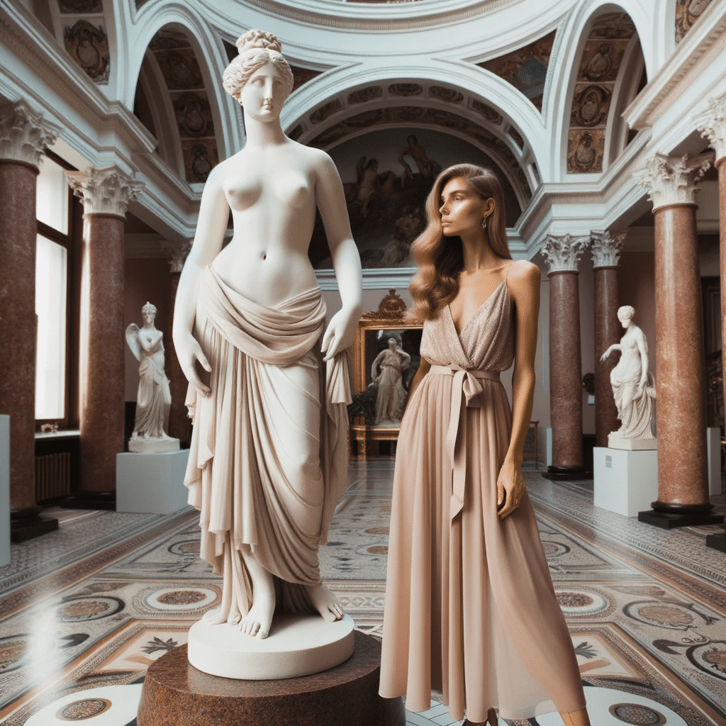 DALL·E 2023 10 17 16.24.15 Photo of a chic museum ambiance where a graceful slender woman in a flowing dress stands next to the statue of Venus both symbolizing different beau