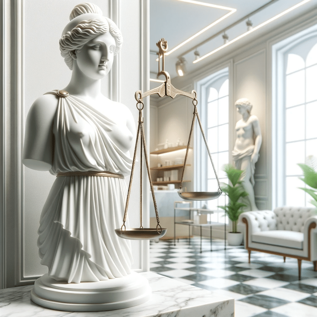 DALL·E 2023 10 17 16.24.46 Photo of a classic Greek statue and a two sided balance scale placed at the entrance of a modern clinic symbolizing the pursuit of ideal weight