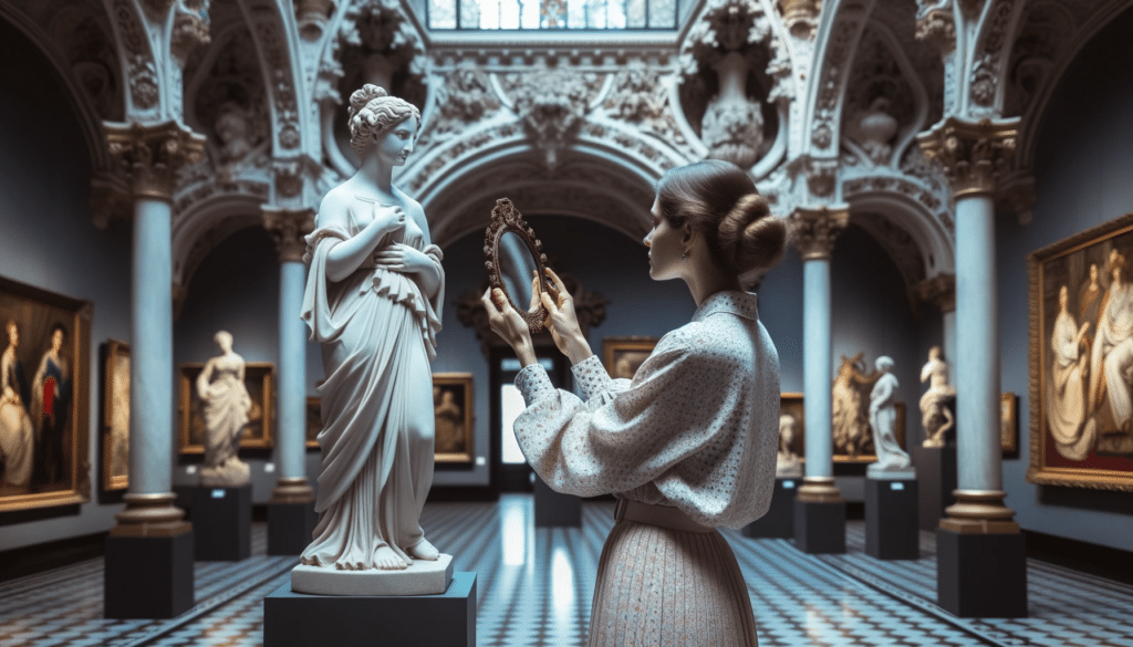 DALL·E 2023 10 17 16.25.38 Professional photo in an ornate art gallery bathed in ciano RGB 195781 or HEDX 133951 light. A woman with a delicate figure admires a statue that h