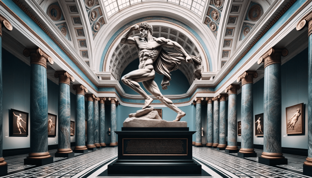 DALL·E 2023 10 17 16.36.24 Professional photo of a grand museum setting dominated by ciano RGB 195781 or HEDX 133951. In the center stands a magnificent Greek statue of an at