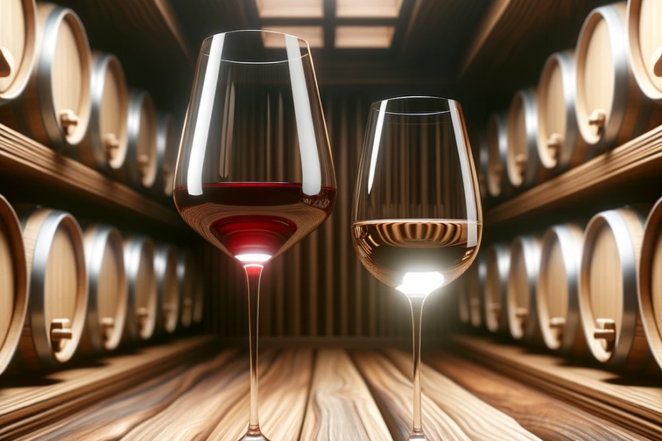 Photo of two wine glasses in an elegant wooden setting like a wine cellar. One glass is full and the other is half-filled, symbolizing the recommended