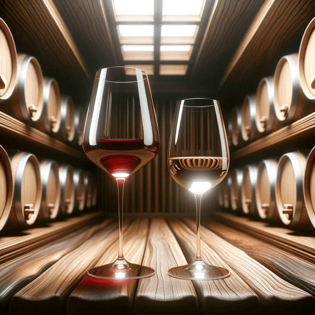 Photo of two wine glasses in an elegant wooden setting like a wine cellar. One glass is full and the other is half-filled, symbolizing the recommended