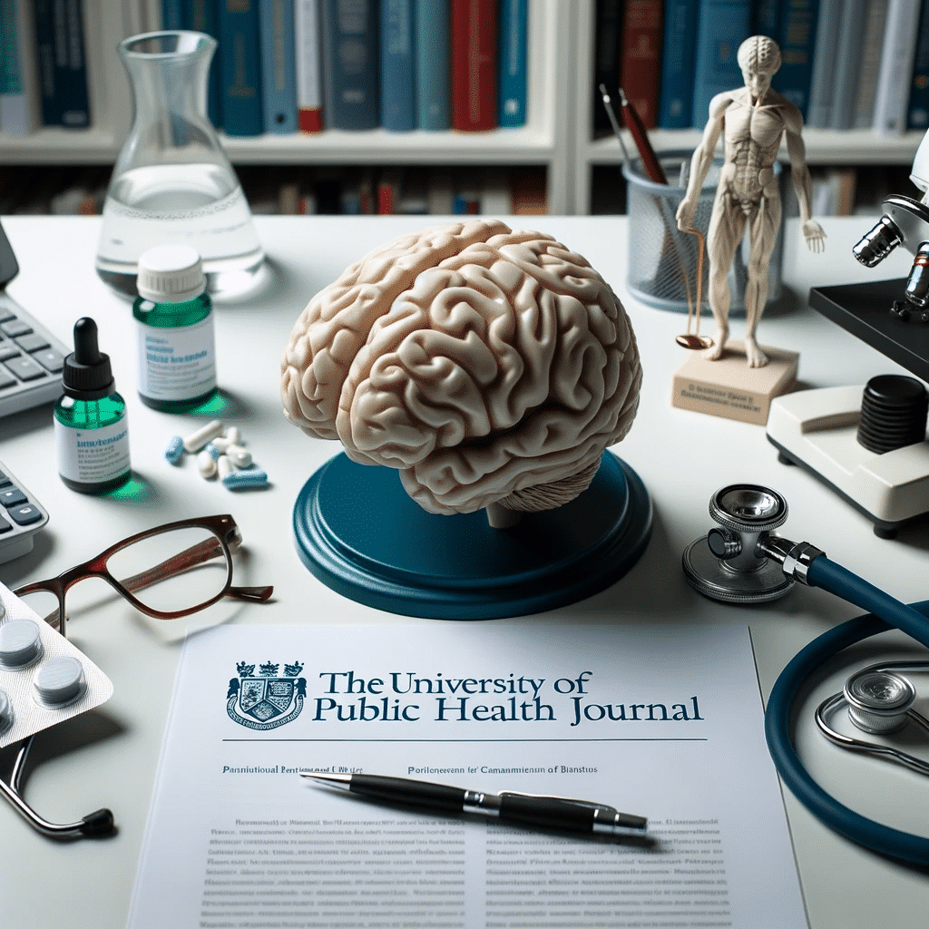 DALL·E 2023-10-17 23.26.46 - Photo of a professional setting with a human brain model on a table, surrounded by medical equipment and research papers. In the background, the logo