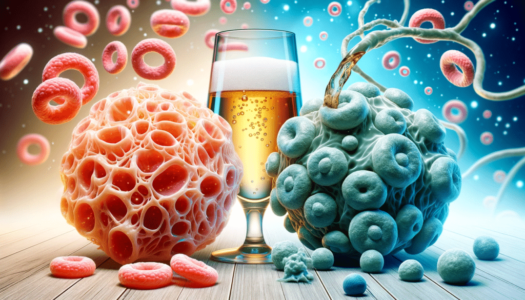 Professional illustration of healthy cells and cancerous cells side by side, with a glass of alcohol in the background, highlighting the connection be