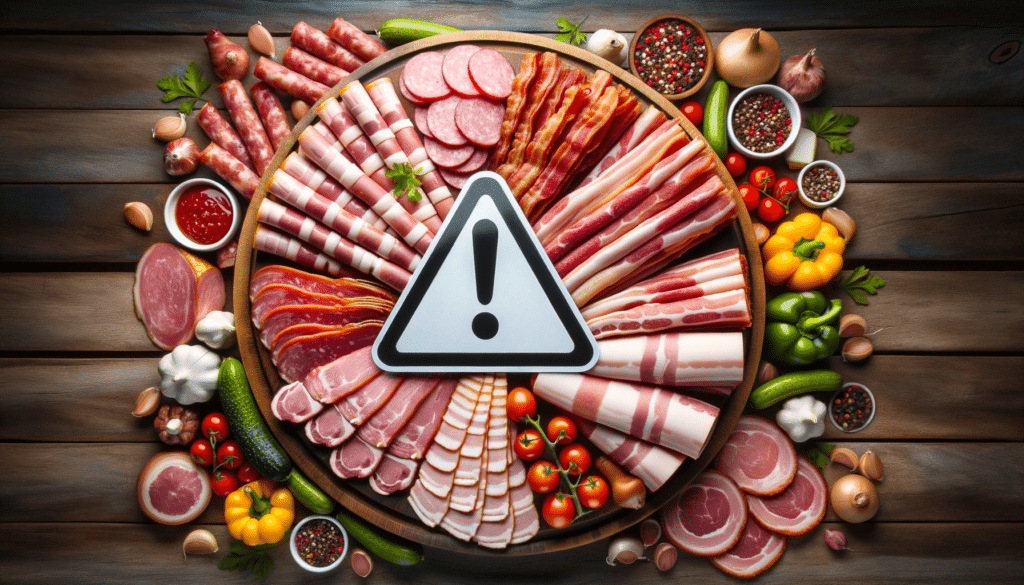 Diversas carnes processadas, são Alimentos que Entopem as Artérias, com um sinal de alerta em ciano sobre elas, com fundo em tons de gilbratar sea.