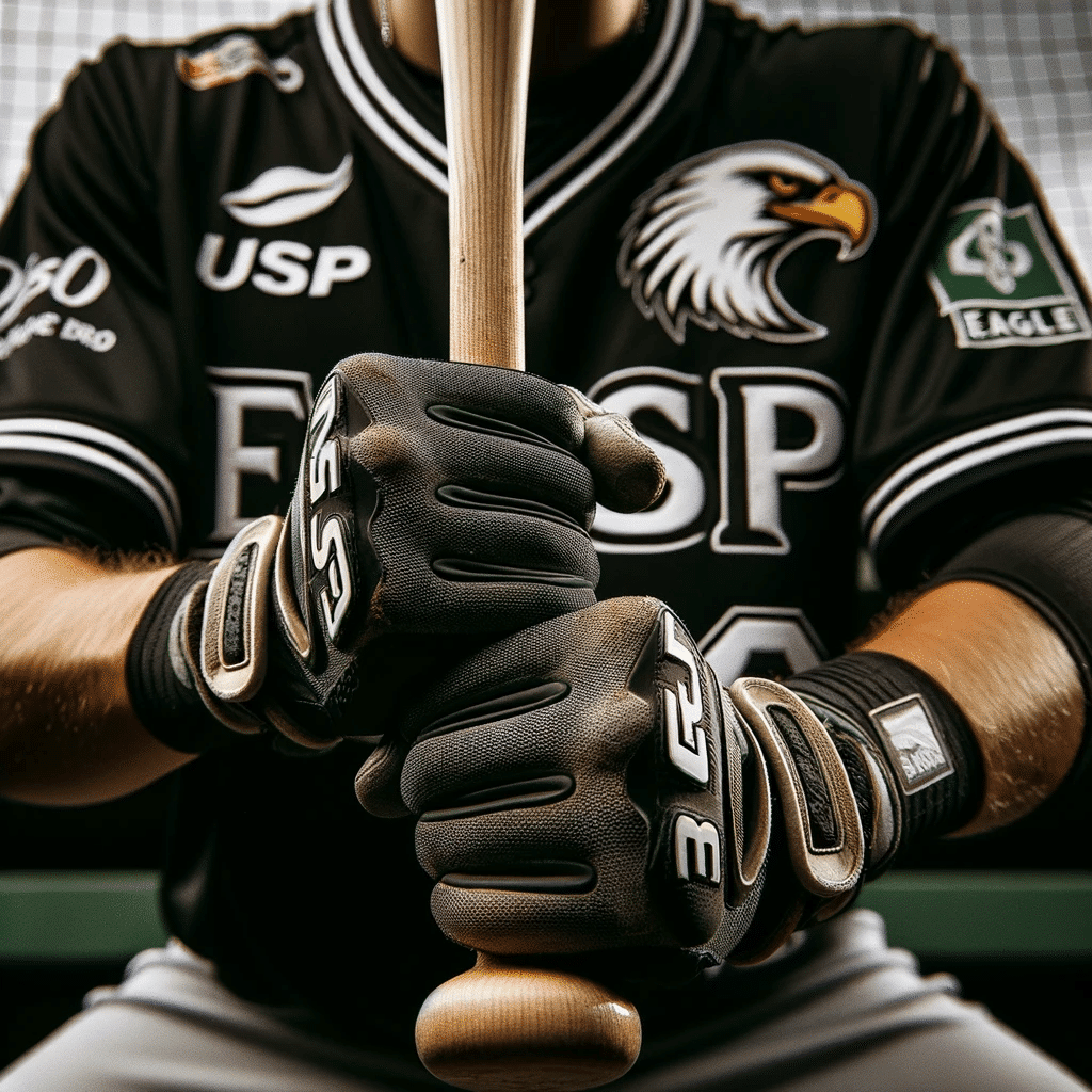 DALL·E 2023 10 24 12.28.13 Square close up photo of a MED USP Ribeirao baseball players hands as he grips a bat ready to swing. Hes wearing the black jersey with the eagle em