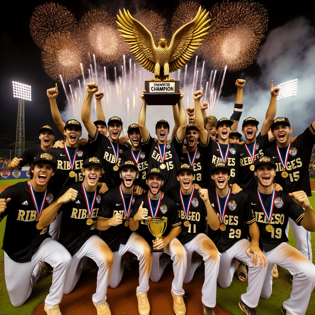 DALL·E 2023 10 24 12.34.42 Square photo of the MED USP Ribeirao baseball team jubilantly holding up a championship trophy taca for winning the INTERMED. Players are also proud