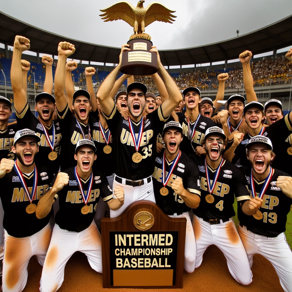 DALL·E 2023 10 24 12.37.19 Square photo of the MED USP Ribeirao baseball team ecstatically holding up the INTERMED championship baseball trophy. Players are proudly wearing gold