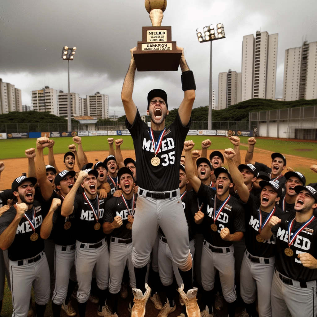 DALL·E 2023 10 24 12.37.26 Square photo of the MED USP Ribeirao baseball team captain tears in his eyes lifting the INTERMED championship baseball trophy high into the air. Te