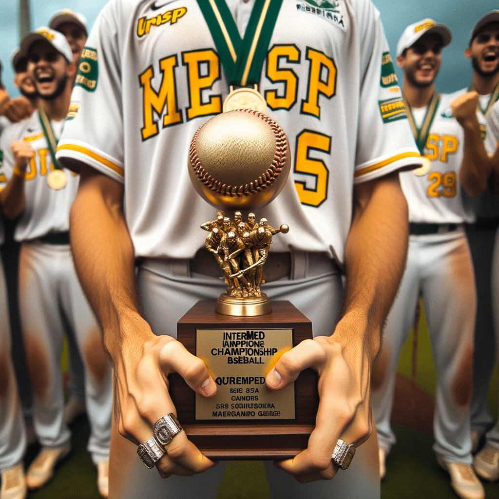DALL·E 2023 10 24 12.37.32 Square close up photo of a MED USP Ribeirao baseball players hands gripping the INTERMED championship baseball trophy with pride. His teammates can