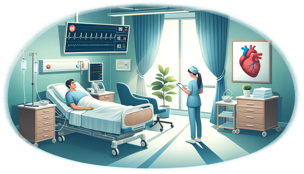 DWide illustration of a serene hospital room setting where a patient is seen resting and recovering from a coronary artery bypass graft surgery with