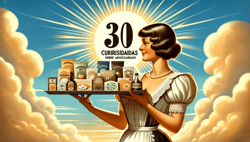 Digital painting of a vintage style poster showcasing sweeteners. It features a lady holding a tray with different sweeteners like sachets leaves an