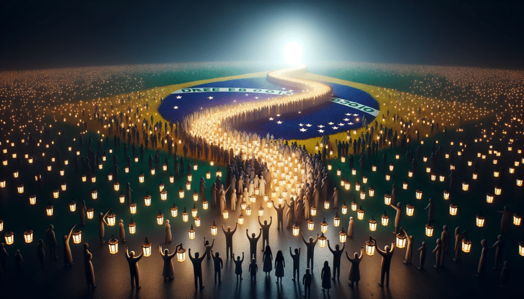 Digital render of a Brazilian community coming together with individuals holding lanterns that collectively light up a dark path. The path symbolizes