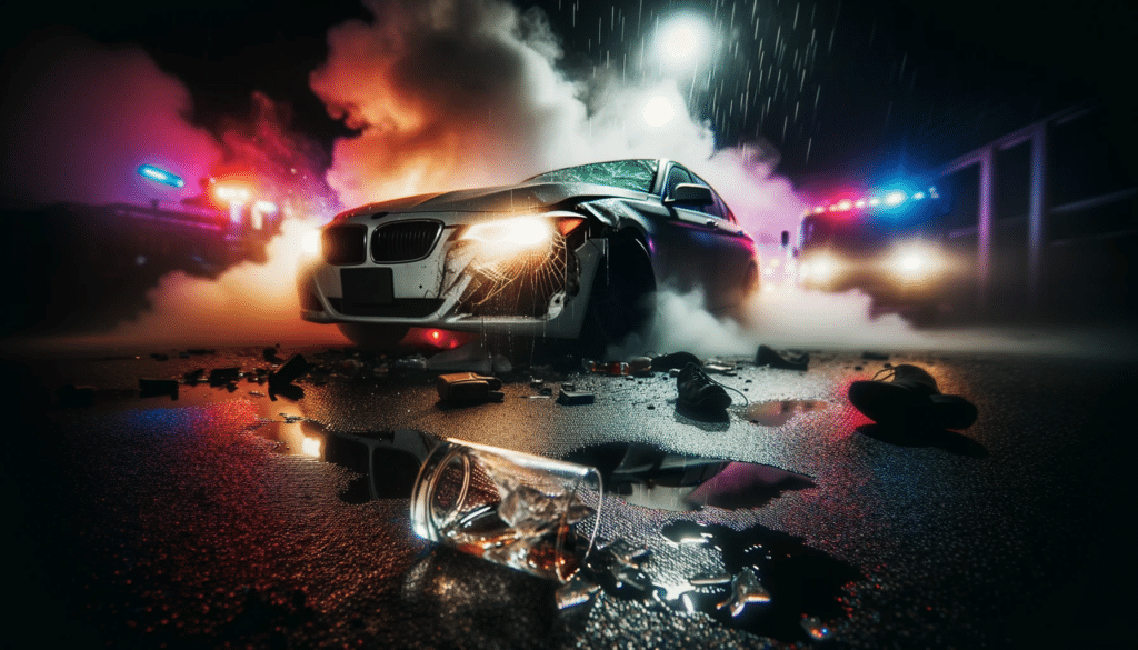 Dramatic photo of a crashed car at night with flashing lights in the background and a shattered glass of alcohol on the ground