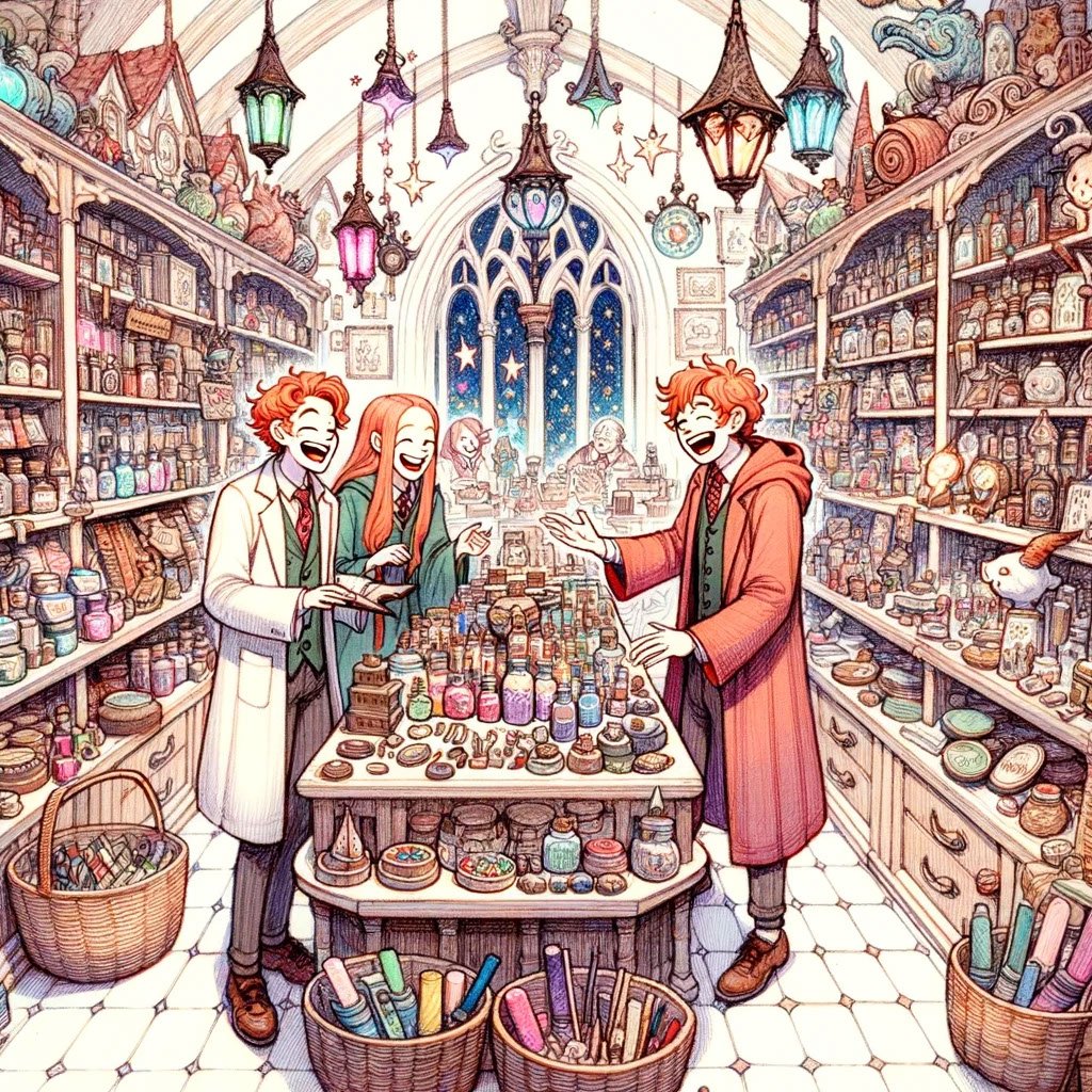 Drawing of a busy magical shop interior filled with a variety of magical products, and two red-haired wizards laughing and assisting customers