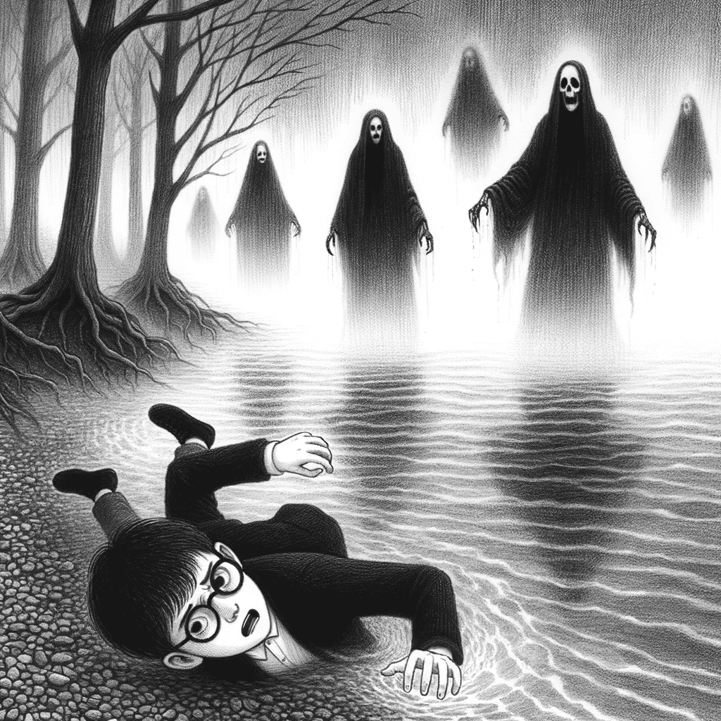 DALL·E 2023-10-15 21.07.11 - Drawing of a dark, foggy lakeside with ghostly figures in black robes floating above the water, and a young boy with glasses falling to the ground, wi