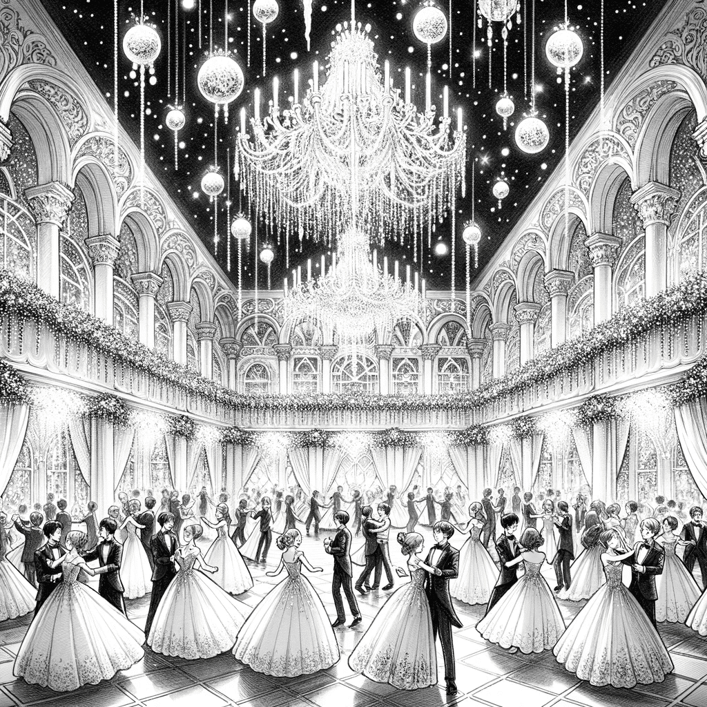 Drawing of a grand ballroom decorated with ice sculptures and magical lights, with students in elegant dresses and suits dancing to enchanting music