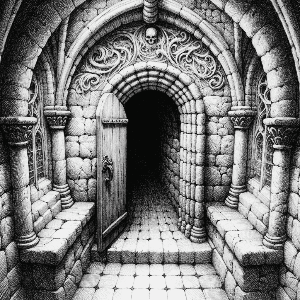 Drawing of a hidden stone doorway in a castle bathroom, leading to a dark and eerie tunnel with old carvings on the walls