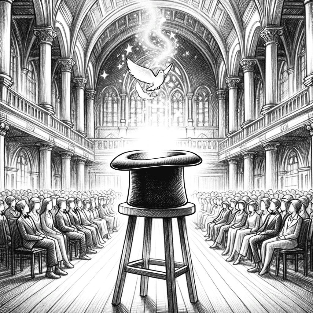 Drawing of a magical hat on a stool in the middle of a grand hall, with students watching in anticipation