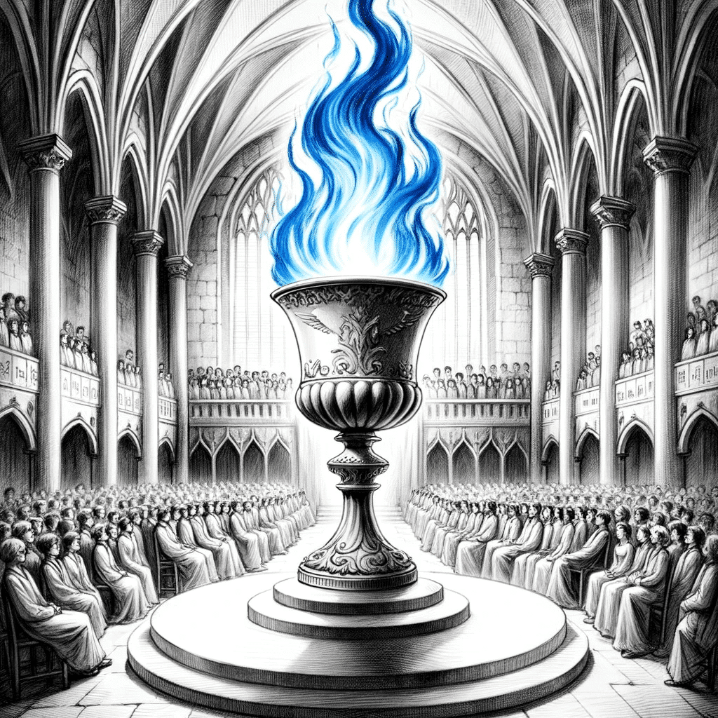 Drawing of a majestic goblet with blue flames, set on a pedestal in a grand hall, with students watching in anticipation as names emerge from the flam