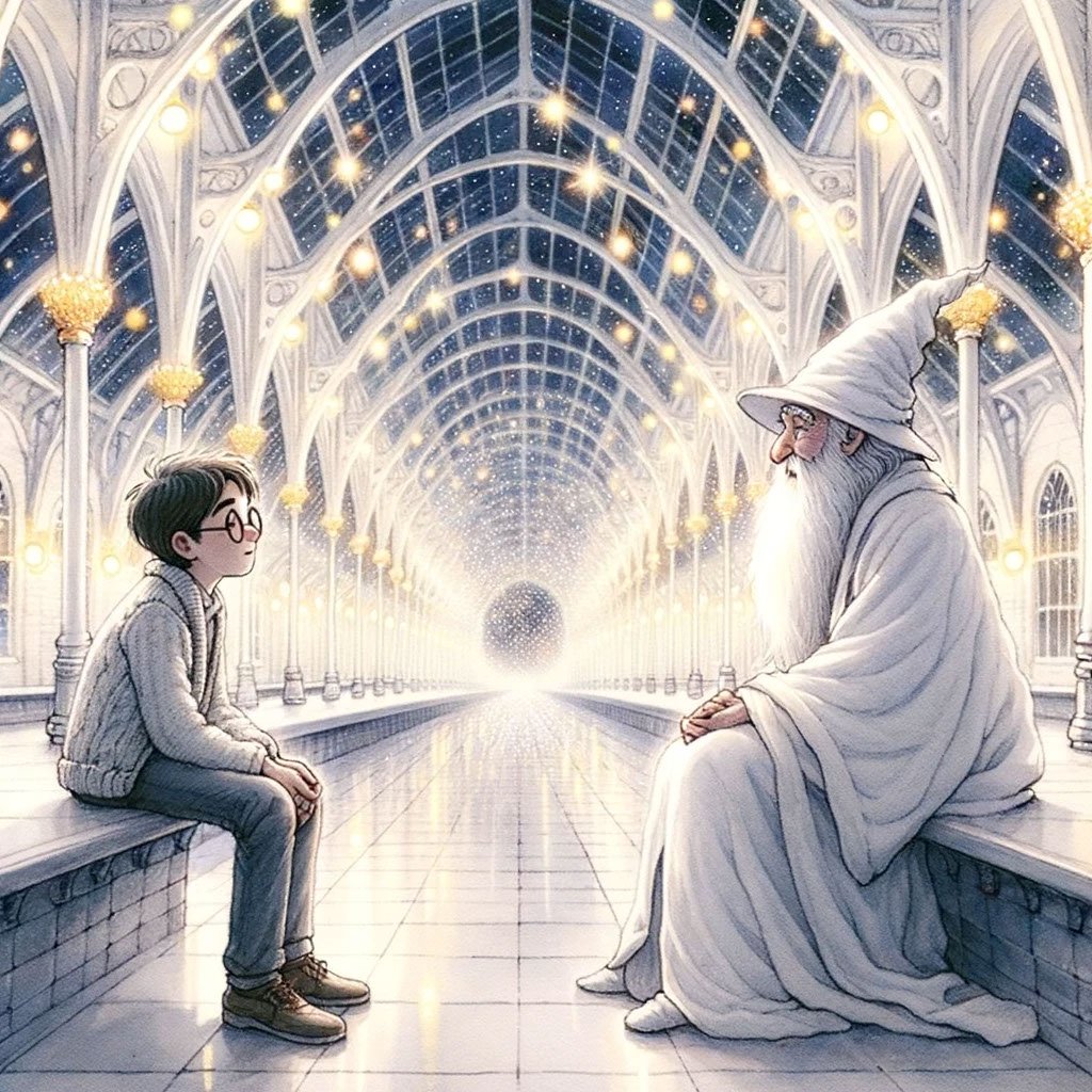 Drawing of a serene, white train station with shimmering lights, where a young wizard with glasses has a heartfelt conversation with an old wizard wit