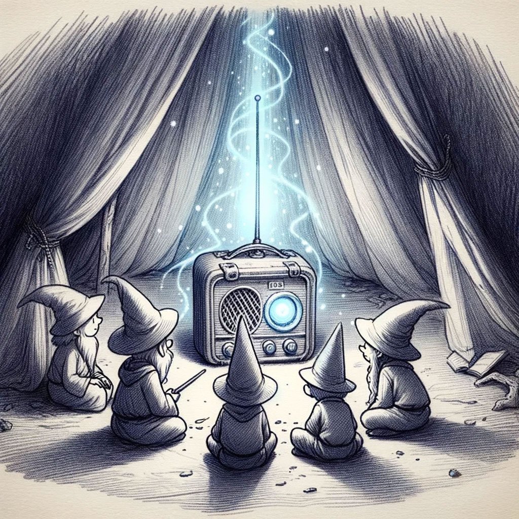 Drawing of a small, magical radio emitting soft blue light in a dim tent, with three young wizards huddled around, listening intently to whispered new