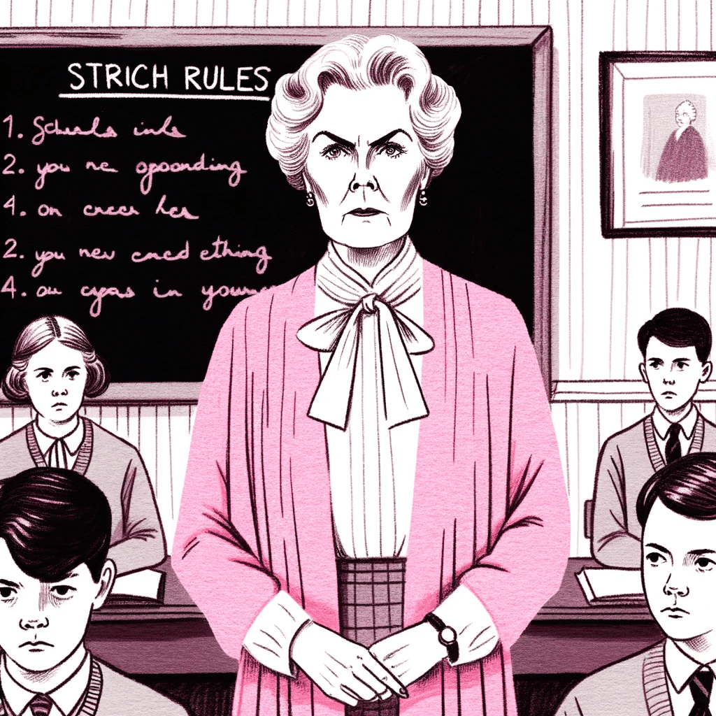 Drawing of a stern-looking woman in pink robes standing in a classroom, with a blackboard behind her displaying strict rules, and students looking une