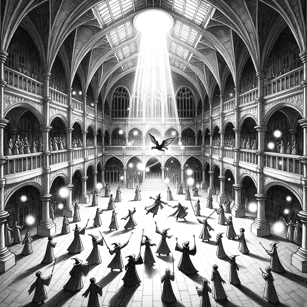 Drawing of a vast atrium with a dark veil in the center, with young wizards and witches dueling masked figures, casting spells that light up the room.