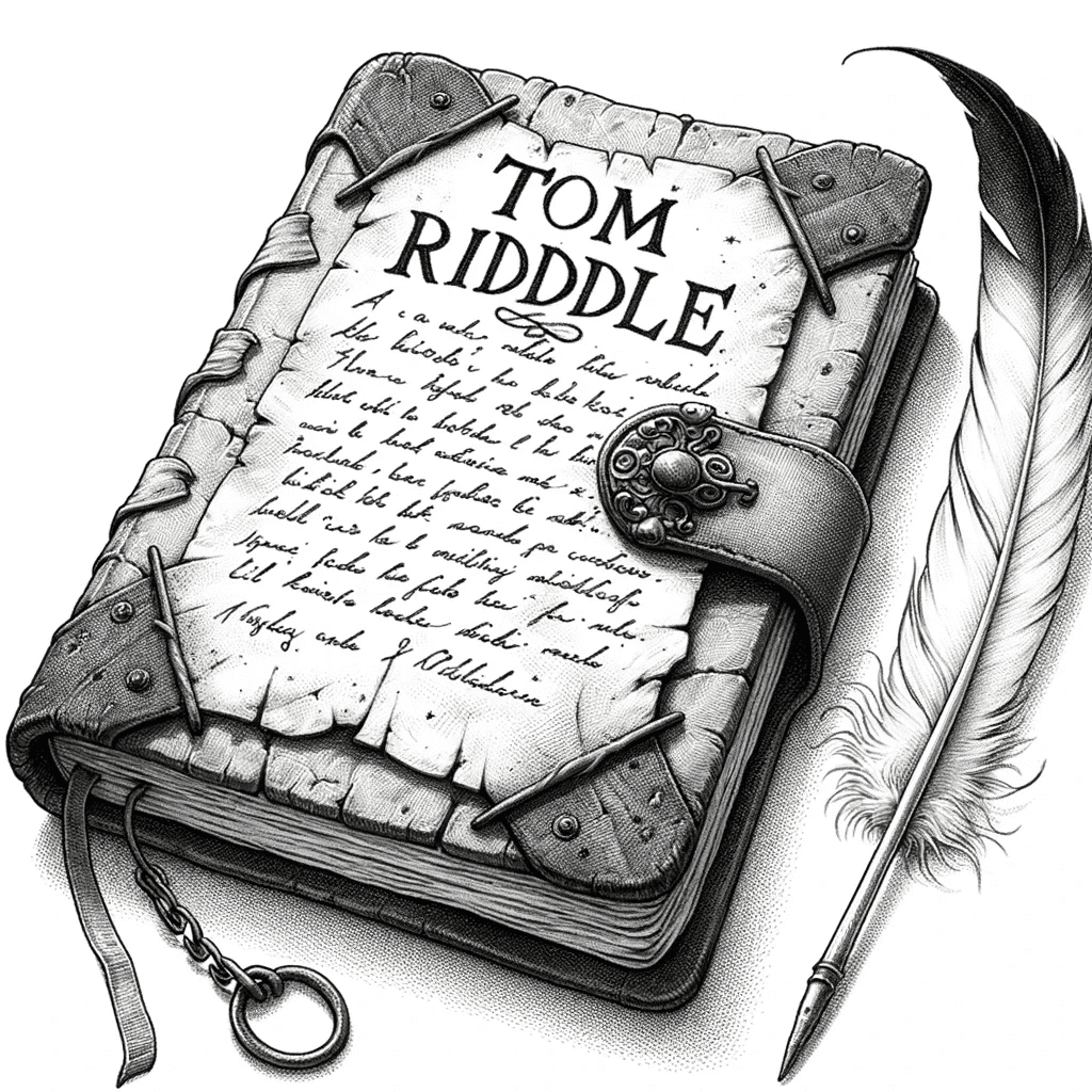 Drawing of a worn-out magical diary with the name 'Tom Riddle' on the cover, opened to a page with handwritten notes and a feather quill beside it