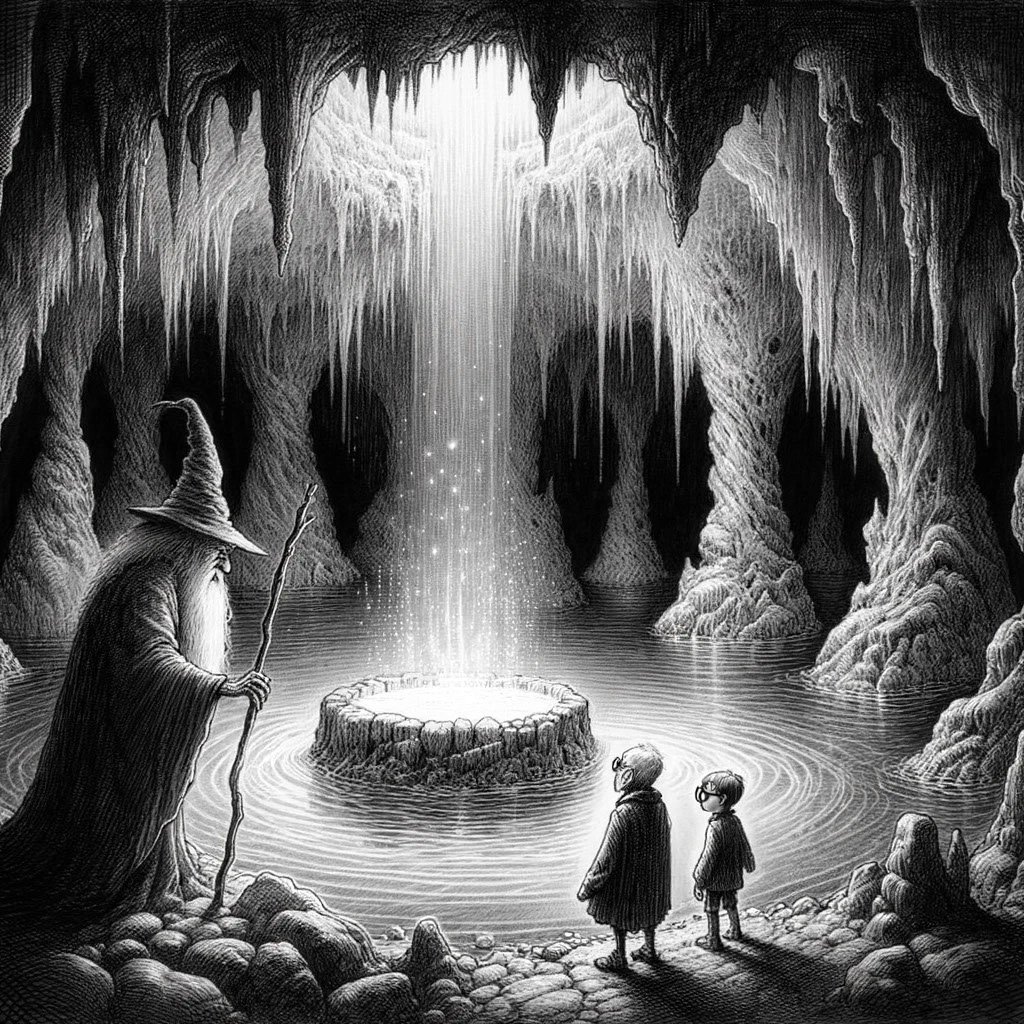 Drawing of an eerie, dimly lit cave with still, dark water, where an old wizard and a young boy with glasses approach a glowing basin on a small islan