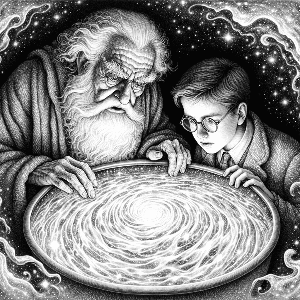 Drawing of an old wizard and a young boy with glasses peering into a shimmering silver basin filled with swirling memories, their surroundings fading