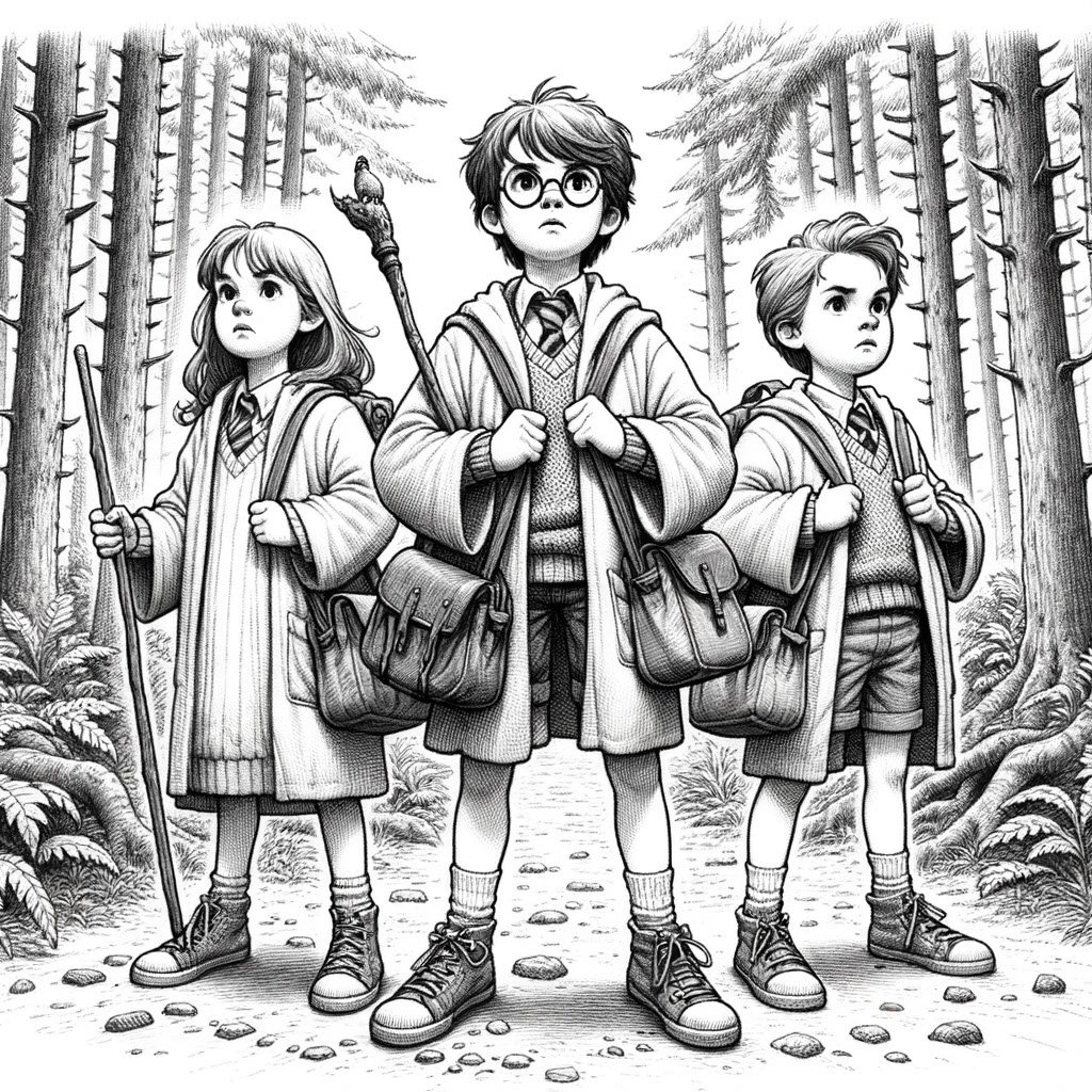 Drawing of three young wizards, equipped with bags and wands, standing determinedly in a forest clearing, ready to embark on a dangerous quest.