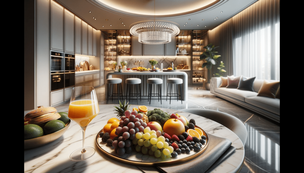 Elegant photo of a luxurious kitchen island showcasing a gourmet fruit platter complemented by a glass of freshly squeezed juice. The stylish environ