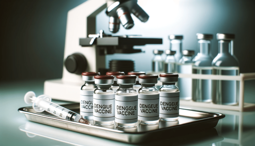 Elegant photo of various vials labeled Dengue Vaccine arranged on a medical tray with a syringe ready for administration. In the background a blur