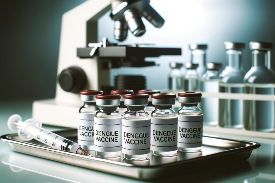 Elegant photo of various vials labeled Dengue Vaccine arranged on a medical tray with a syringe ready for administration. In the background a blur