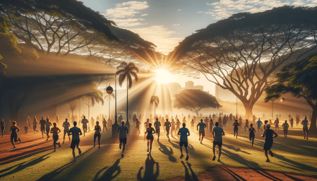 Foto horizontal de um parque ao amanhecer com pessoas de diferentes idades e generos se exercitando. Os raios do sol iluminam a cena criando um ambi