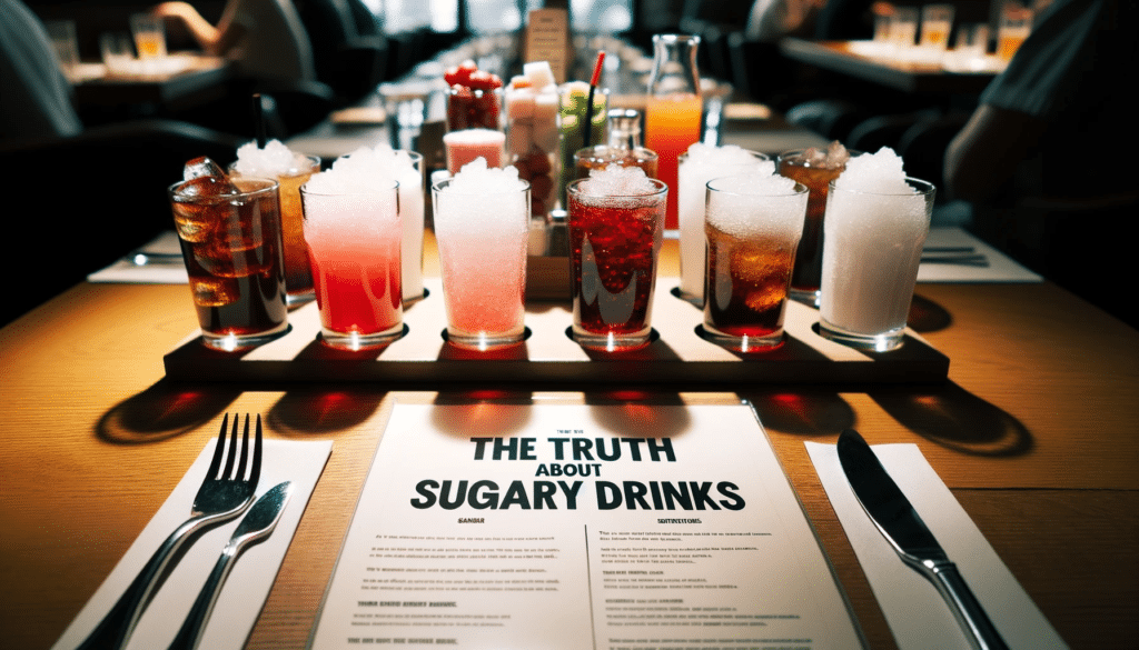 Foto iluminada de uma mesa de restaurante com copos mostrando uma variedade de bebidas açucaradas. O menu ao lado dos copos possui uma seção intitulada The Truth About Sugary Drinks.