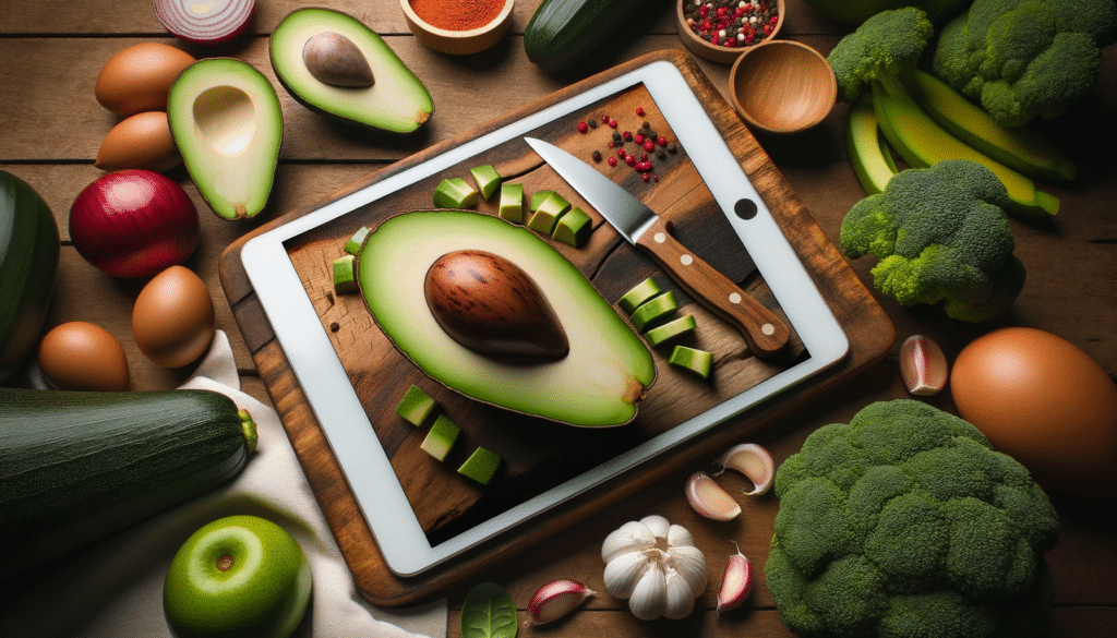 Foto profissional de um abacate cortado sobre uma tabua de madeira com ingredientes saudaveis ao redor. Em primeiro plano um tablet exibindo uma rec