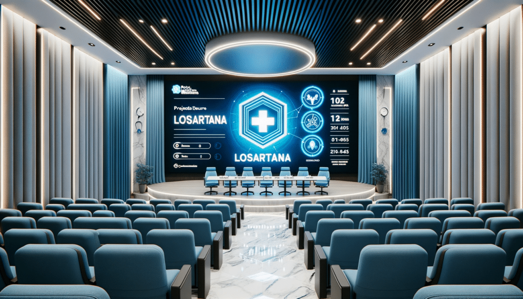 Foto profissional em formato largo de um auditorio moderno dentro de uma clinica de saude com cadeiras organizadas e uma tela grande projetando infor