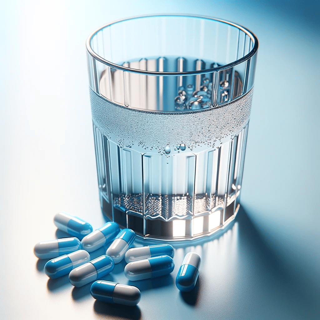 Foto realista e clean de uma pilula ou capsula de medicamento ao lado de um copo transparente contendo alcool em tons de azul e cores neutras