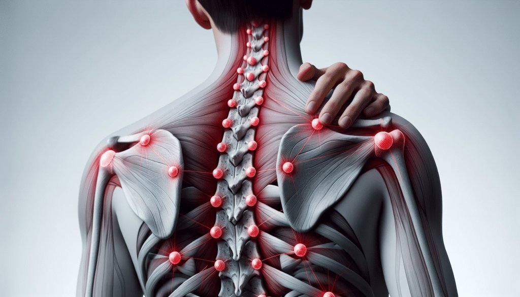 Foto realista e sofisticada de alta resolucao das costas de uma pessoa destacando varios pontos dolorosos com marcadores vermelhos representando os