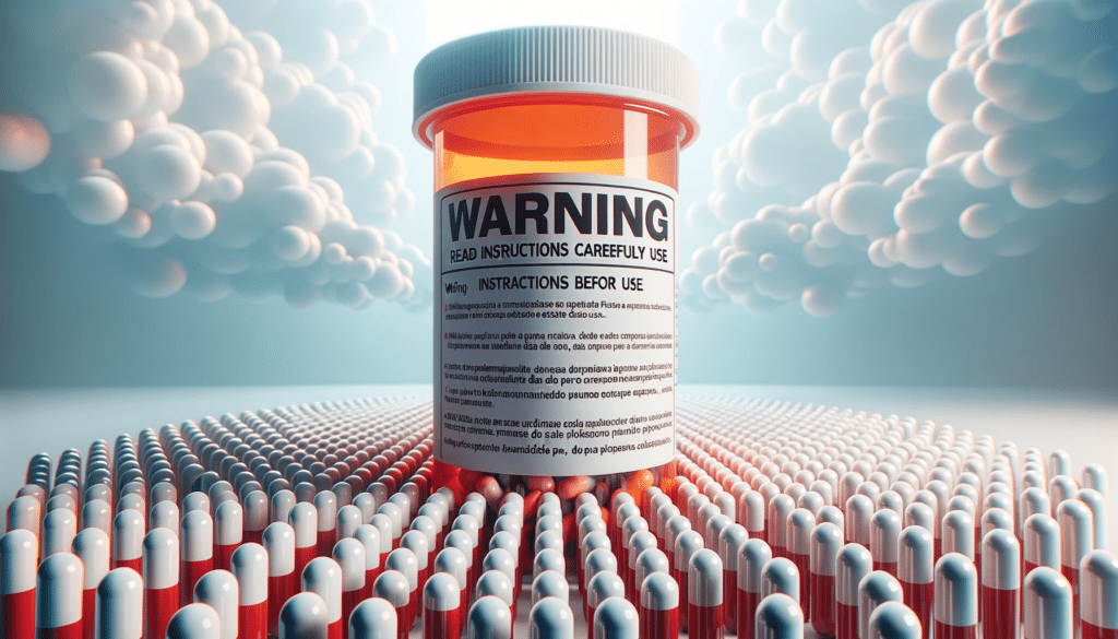 Foto realista em formato panoramico de um frasco de medicamento com um grande rotulo de alerta em ingles destacando WARNING Read instructions carefu