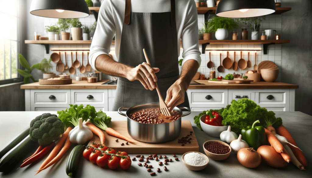 High resolution image of a chefs hands skillfully preparing a bean stew surrounded by fresh ingredients in a chic kitchen setting with pendant light