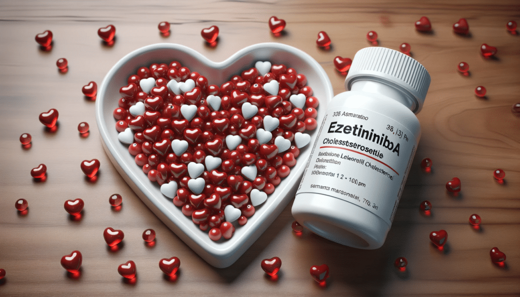 High resolution photo of a pill bottle labeled Ezetimiba placed next to a heart shaped dish filled with cholesterol molecules. The juxtaposition sho