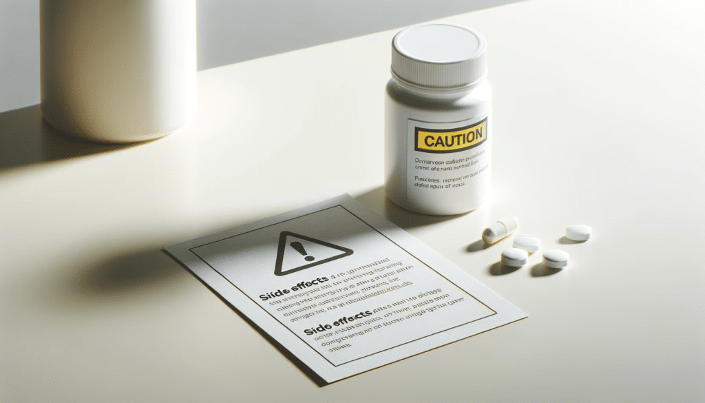 Horizontal clean photo of a white desk with a single pill bottle with a caution label and a note next to it highlighting potential side effects. The s
