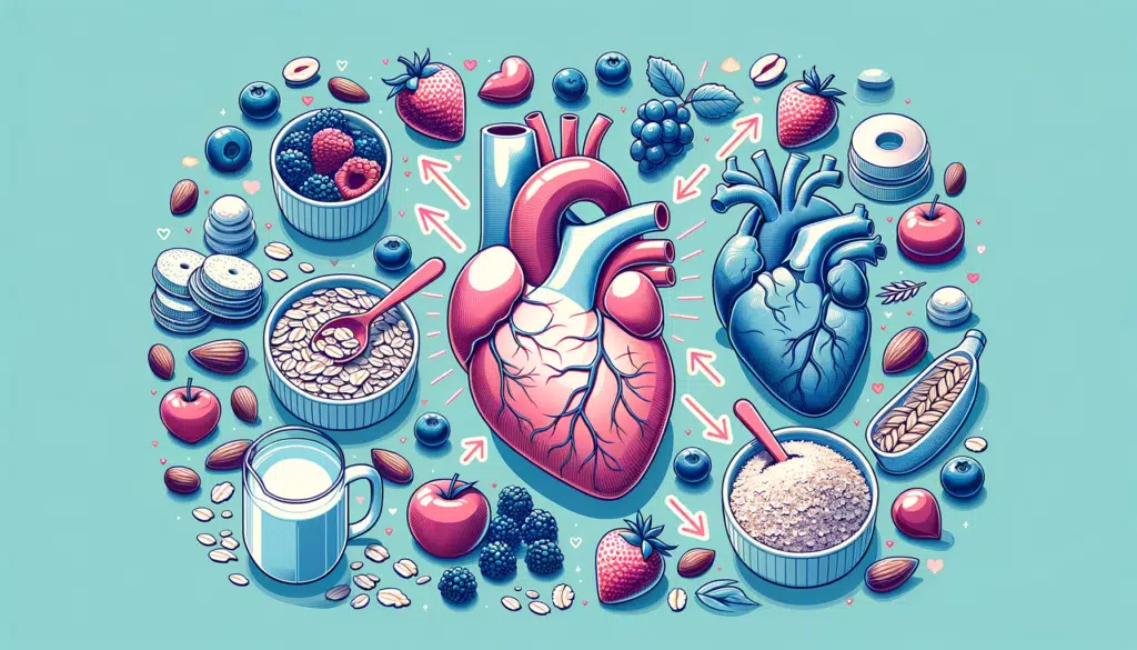 Illustration in a horizontal format depicting a heart and other vital organs surrounded by breakfast foods like oats berries and nuts. Arrows point 1