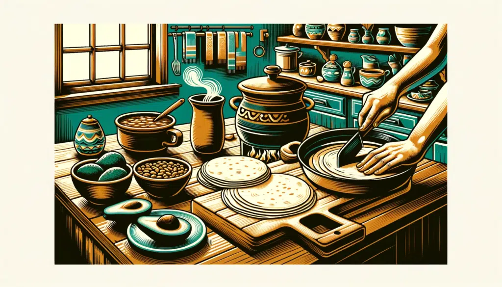 Illustration in a horizontal format depicting a lively Mexican kitchen scene. On a wooden counter there are tortillas being made a pot of beans a s